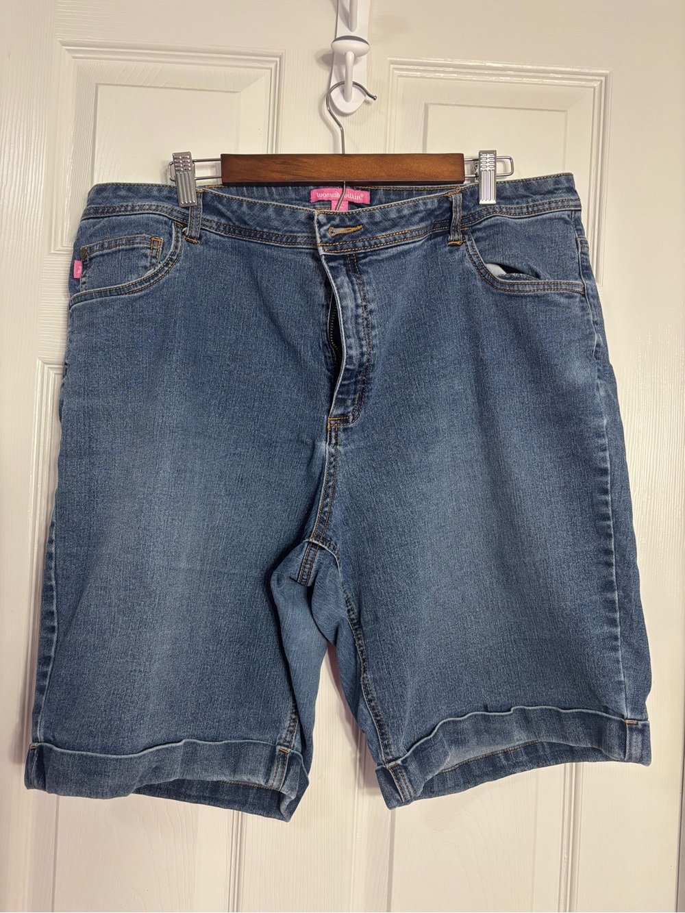 Woman Within Medium Blue Denim Bermuda Shorts with Pink Accents